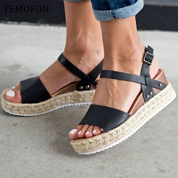 

temofon 2020 platform sandals women wedge shoes retro peep toe sandals buckle strap ladies summer shoes high heel hvt1079, Black