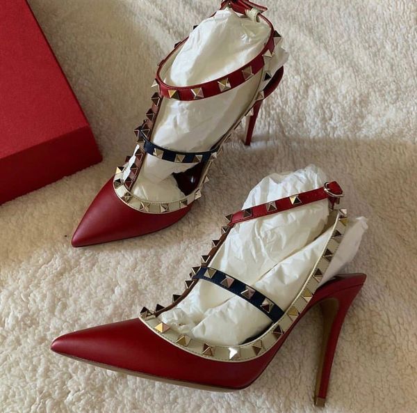 

rock studs ankle strap stiletto heels women shoes, pointed toe high heels lady pumps party wedding bridal with box,eu35-43, Black