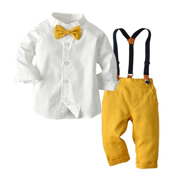 

2020 new style children's gentleman high-quality bowknot boy long-sleeved plaid shirt strap shorts two-piece baby0-6, White