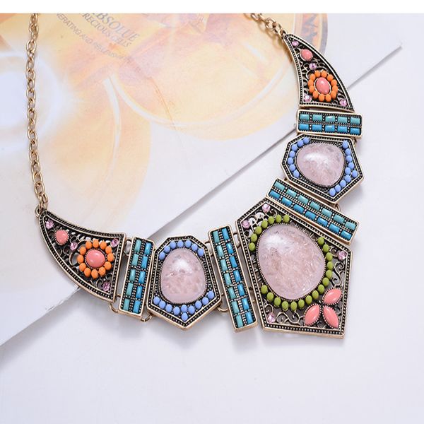 

large resin flower geometric pendants necklaces statement vintage - ful blue beads choker necklace for women, Golden;silver