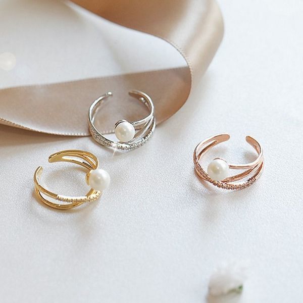 

cluster rings simulated pearl cross open ring for women cubic zircon fashion jewelry wholesale cute gift, Golden;silver