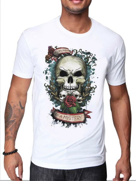 

mens skull and roses tomorrow is a mystery white t-shirt basic models tee shirt