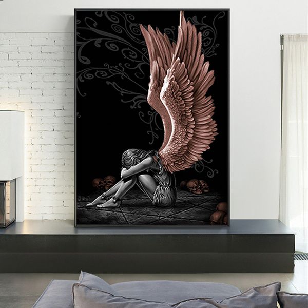

angels and demons canvas painting gray character wings skull posters print scandinavian cuadros wall art picture for living room