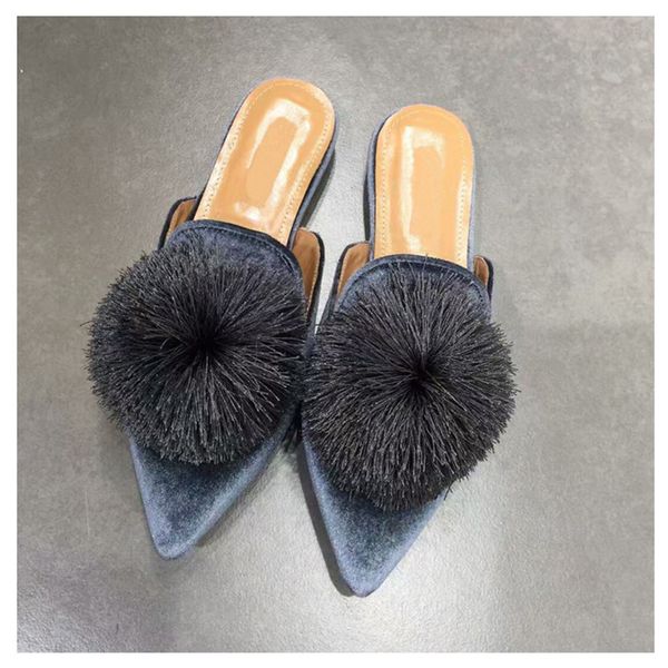 

suede flat slippers fluffy fur solid shoes women pointed toe faux fur zapatos de mujer casual cute summer winter women shoes, Black