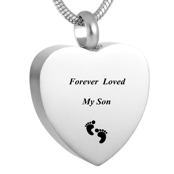 

ijd9095 baby foot laser forever loved my son memorial urn necklace stainless steel cremation jewelry heart cremation locket, Silver