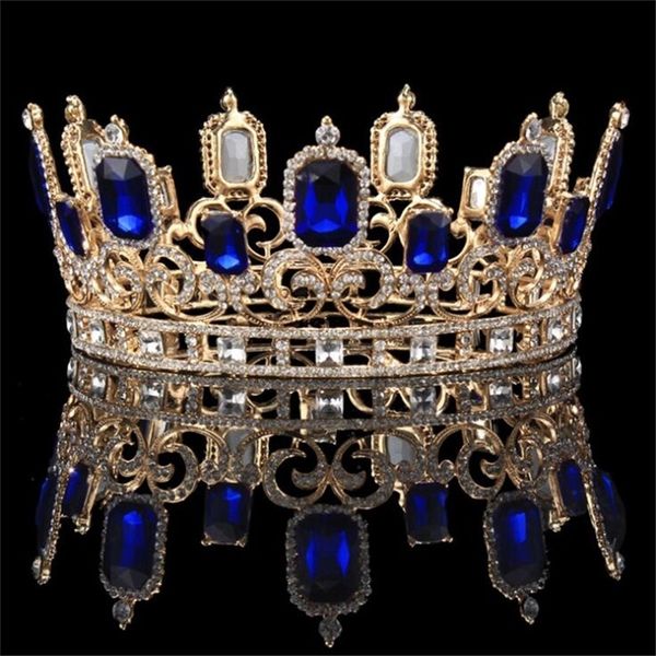 

vintage baroque blue crystal big tiaras and crowns bridal hair ornament queen king wedding jewelry accessories y200807, White;golden