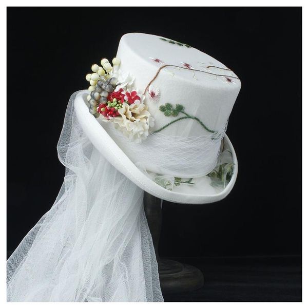 

stingy brim hats 100% wool white women wedding hat off steampunk ivory lady rhinestone gala flower party 4size, Blue;gray