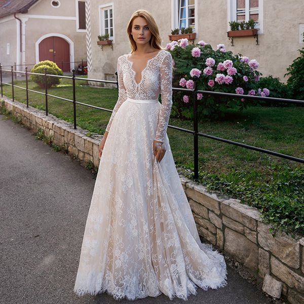 

vestido de noiva tulle long sleeve wedding dress 2020 full appliques lace bridal gowns custom made bride dresses, Blue;red