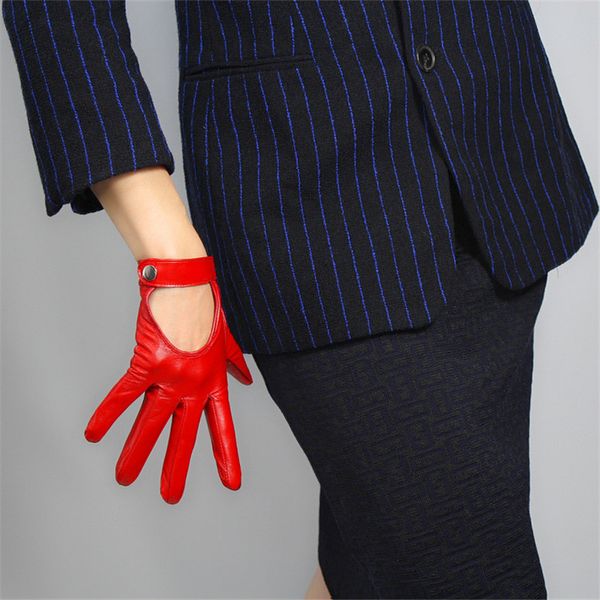 

2020 touchscreen red real leather gloves 19cm pure sheepskin locomotive hand back short snap button silk lining female wzp04, Blue;gray