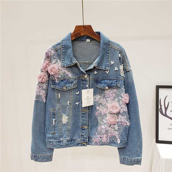 

women's jackets fashion heavy work beading pink applique flowers frayed denim jacket women basic coat loose short jeans female outerwea, Black;brown