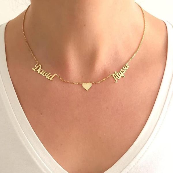 

v attract gold double names heart bff necklace custom jewelry personalized name necklace for women wedding gift bff collar mujer, Silver
