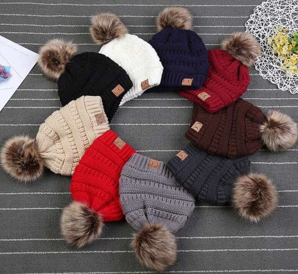 

kids cc trendy hats kids knitted fur poms beanie winter luxury cable slouchy skull caps fashion beanie big kids hats 12pcs, Yellow
