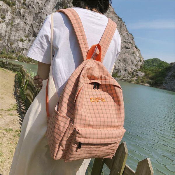 

dcimor fashion plaid women backpack female cotton canvas schoolbag for teenage girls travel backpacks fashion embroidery mochila