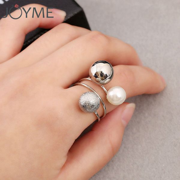 

new fashion silver and gold-color korean elegant women lovely girls simulated pearl adjustable opening rings with metal balls, Golden;silver