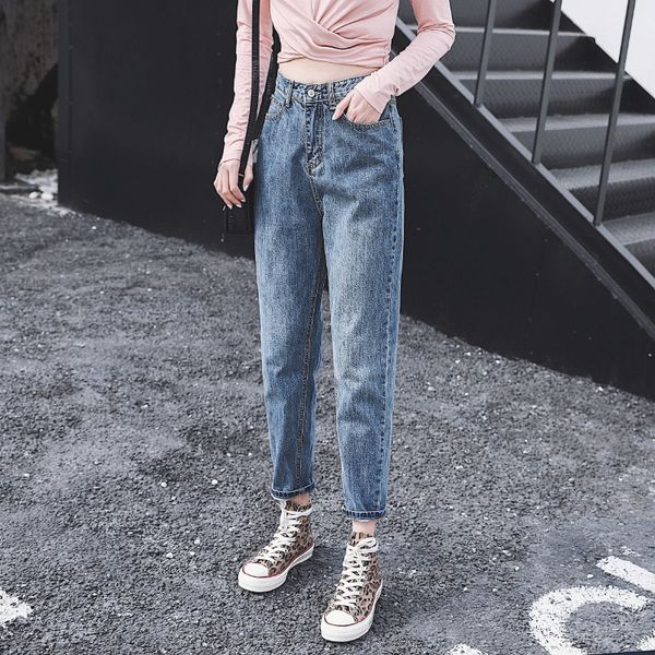 

women's jeans high waist cropped women 2021 spring loose retro wide leg straight student korean version was thin radish pants, Blue