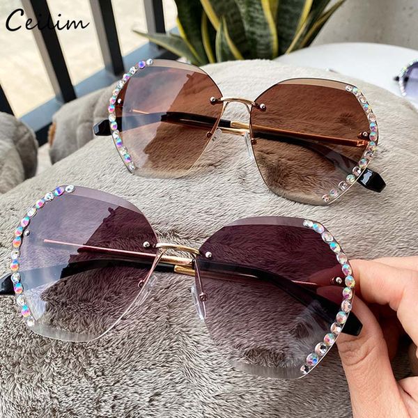 

crystal diamond rimless sunglasses women 2020 new oversize clear gradient sun glasses fashion shades for female, White;black