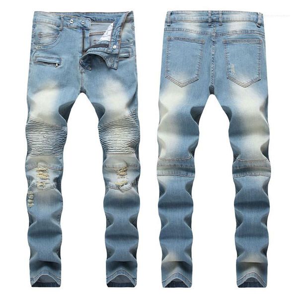 

long distrressed jeans fashion male clothing designer fold light blue straight trousers mens modern slim