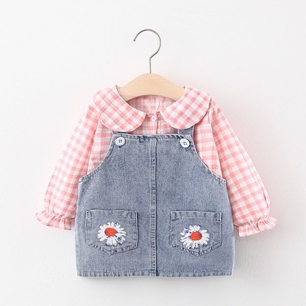 

девочка платье весна осень клетчатая рубашка с джинсовым платьем девушки одежды set принцессы детских нарядами детская одеждой, Red;yellow