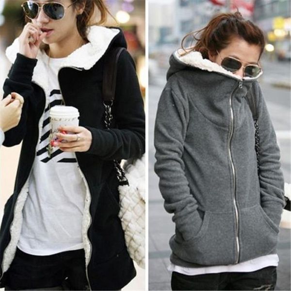 

4xl winter coats 2020 autumn women long hoodies sweatshirts casual thick fleece zipper outerwear hooded jacket plus size, Black