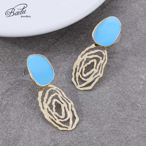 

badu gold hollow drop earrings for women glamour punk alloy blue geometric statement pendant earrings jewelry gift wholesale, Silver
