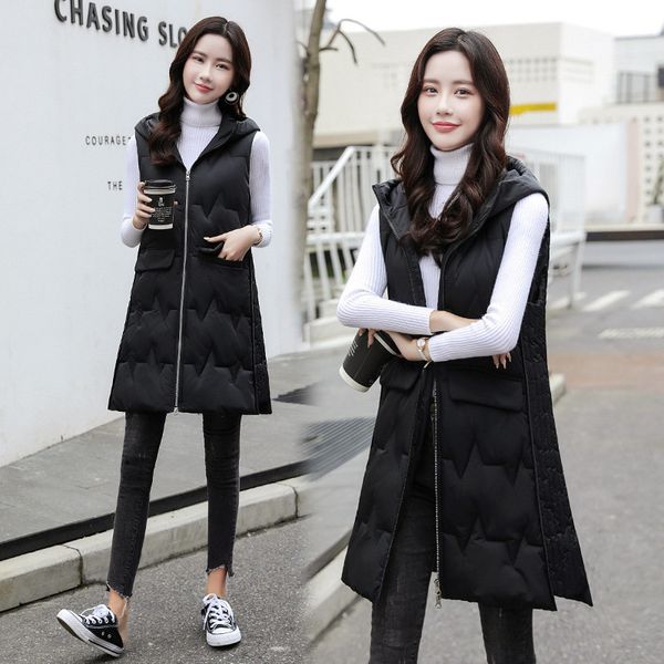 

fashion solid color hooded plus size womend vests casual slim sleeveless double pockets contton long outerwear winter female clothing, Black;white