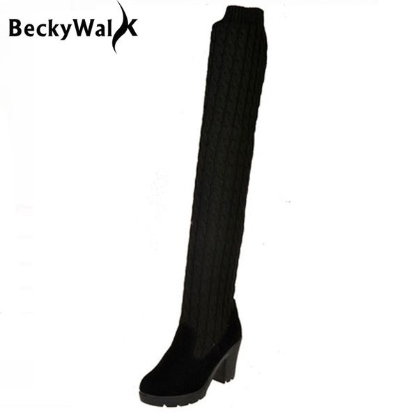 

slim thigh high boots women winter shoes knitting wool over the knee boots ladies shoes high heels women wsh2210, Black