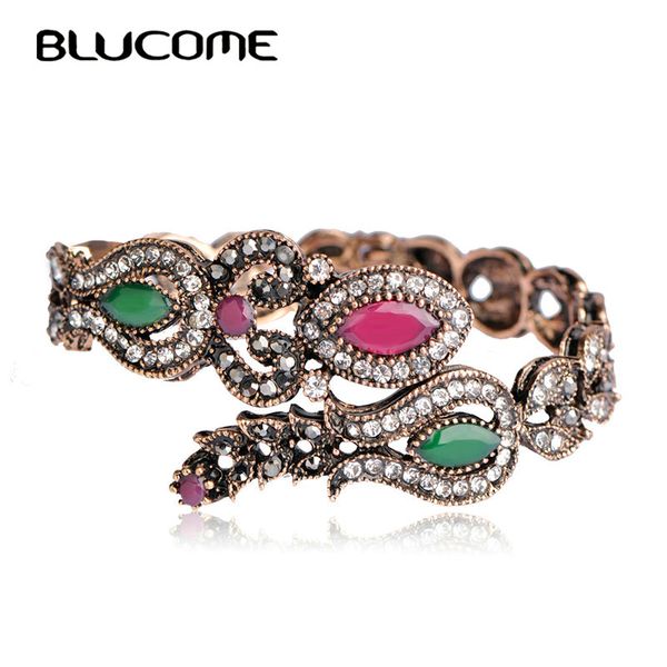 

blucome latest vintage women party bangles red acrylic resin tulip flower bracelets full crystal turkish bijuterias hand jewelry, Black
