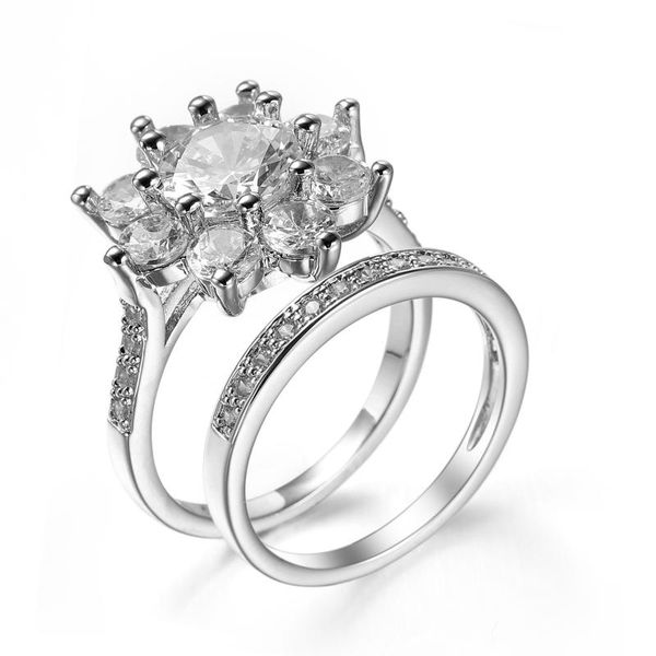 

womens fashion elegant white cubic zircon engagement flower wedding band ring set luxury valentine's festival gifts for her, Slivery;golden