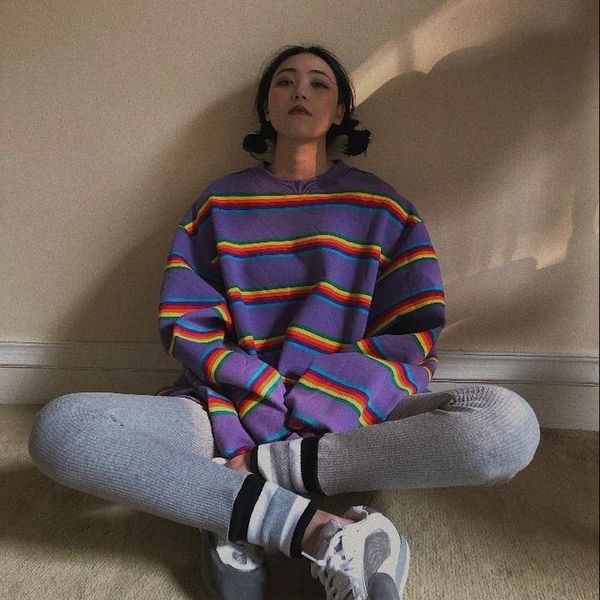 

women's hoodies & sweatshirts women rainbow striped pullover sweatshirt fleece thickening autumn winter loose jumpers 2021 oversized, Black
