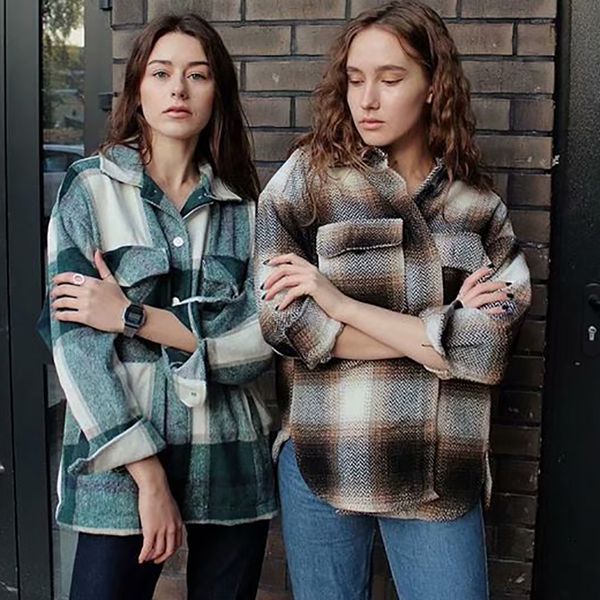 

plaid women oversize woolen shirts 2020 fashion ladies soft thick shirt party female elegant loose vintage girls chic shirt, White