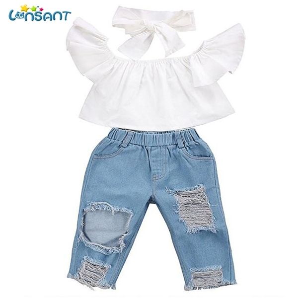 

lonsant fashion baby girls clothes 3pcs baby off shoulder crop + broken hole denim pant jean headband toddler kids clothes 0927, White