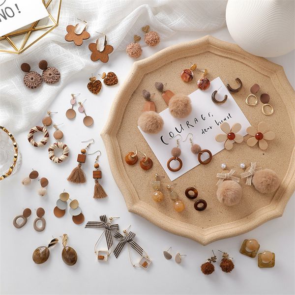 

dangle & chandelier cute brown drop earrings for women sweet korean acrylic plush flower round pendant geometric jewelry combination, Silver