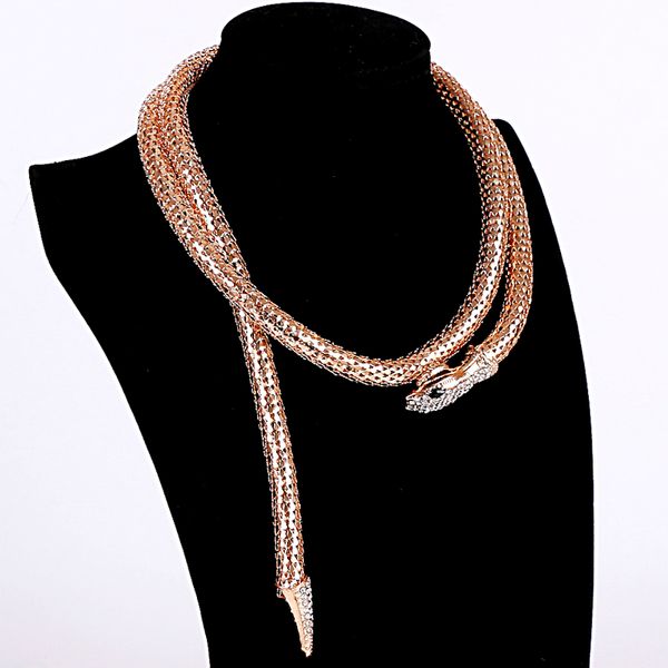 

long snake necklace gold color and silver plated metal crystal rhinestone snake chain necklace for women