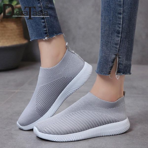

doratasia consise lady spring summer knitting flats classic handmade sneaker women slip on mesh comfortable shoes woman, Black
