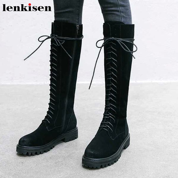 

lenkisen классический стиль винтаж корова замша рыцарские сапоги streetwear мед пятки круглые женщины пальца ноги зашнуровать сохранить тепл, Black