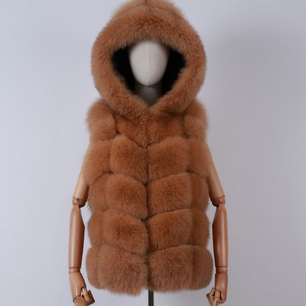 

women's fur & faux natural gilet hooded ladies women real vest, Black