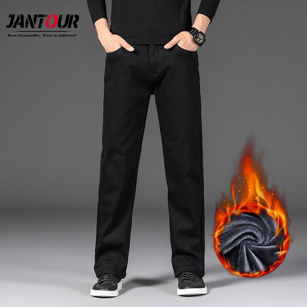 

men's jeans jantour brand 2021 fashion autumn winter plus cashmere business casual straight stretch black high quality, Blue