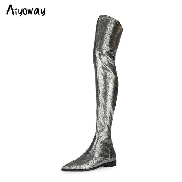 

aiyoway плюс размер 34-45 2020 новые женщины над коленом boots острым носом плоский бедро высокие сапоги sexy моды молния обувь женщина, Black