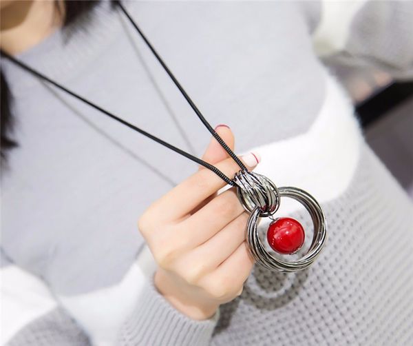 

red white pearl ball pendant long necklaces new circles simulated women black chain maxi necklace fashion jewelry wholesale gift, Silver