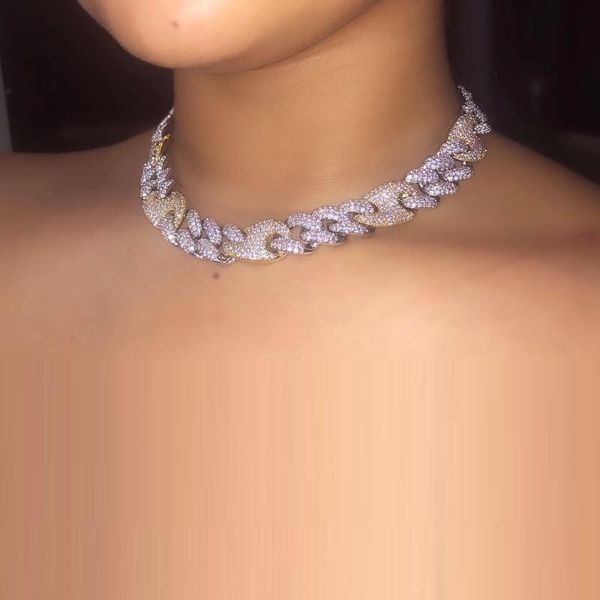 

two tone gold color big heavy chunky cuban choker micro pave 5a cz iced out bling hip hop cuban women necklace, Golden;silver