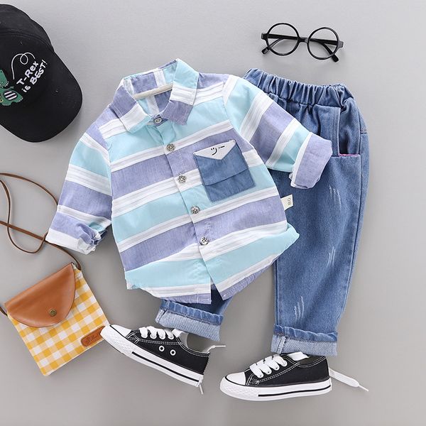 

Spring&Autumn Korean children's clothing casual color stripes long sleeve shirt pants two-piece suit