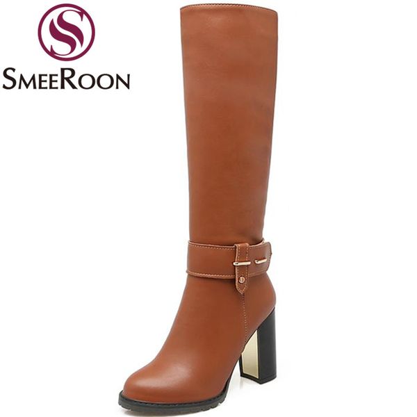 

boots smeeroon 2021 arrive good quality winter waterproof buckle women's shoes knee high round toe zipper ladies, Black