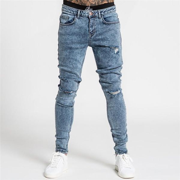 

dye hole pencil pants autumn casual men denim trousers clothing slim mens designer jeans fashion tie, Blue