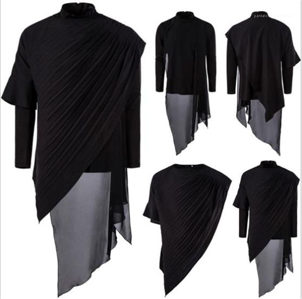 

cool loose solid color long sleeved high collar fashion mens tees two-piece mens designer tshirts irregular x-long, White;black