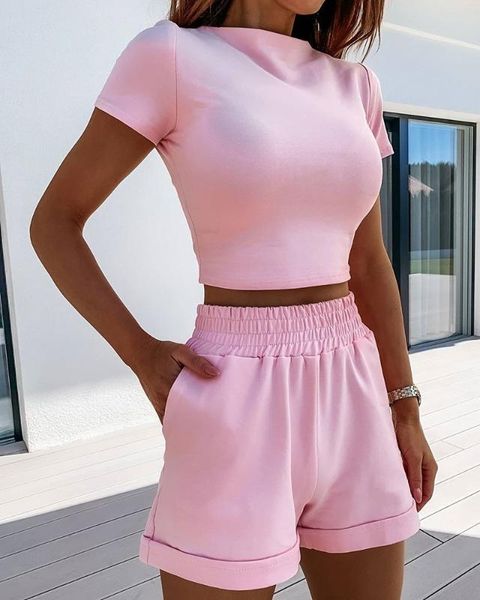 

2020 summer womens set fashion high neck short sleeve slim crop shorts loose solid color set gym sport suit shein plus size, White