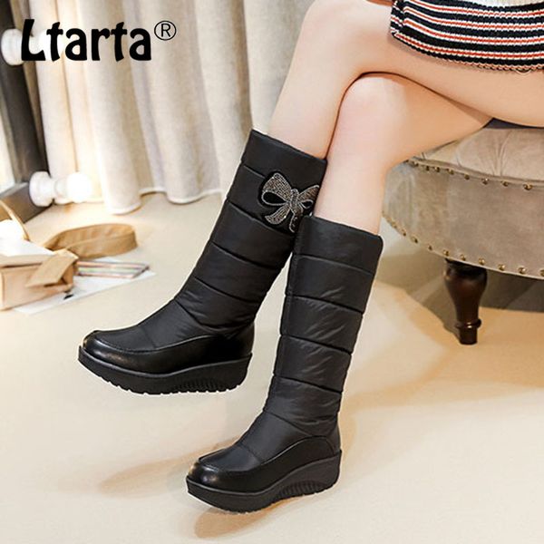 

boots winter woman pu down snow bow bright crystal tube casual warm cotton knee high thick bottom hx-101, Black