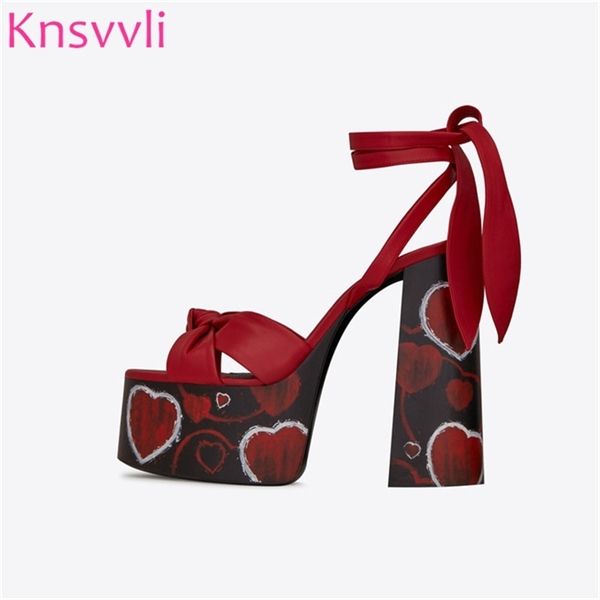 

red leather love printing chunky high heels gladiator sandals women cross lace up extreme high heels platform sandalias mujer 0925, Black