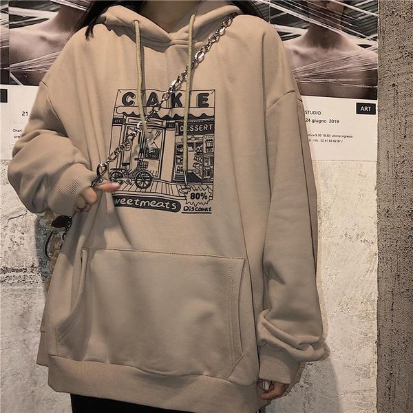 

oversize hoodies women printed thickening hooded plus velvet bf couples pullover sweatshirt streetwear hip-hop all-match, Black