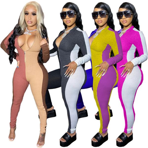 

women panelled jumpsuits contast color rompers v neck onesie long sleeve bodysuits fall winter clothes bodycon one piece pants 3750, Black;white