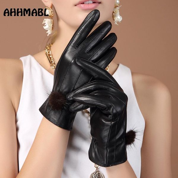 

five fingers gloves elegant women leather with real fur genuine spring winter thermal trendy female glove g569, Blue;gray